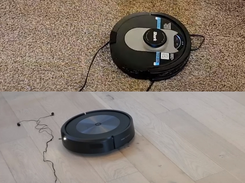 The Roomba J7+ can avoid cords while the Shark AI Ultra cannot